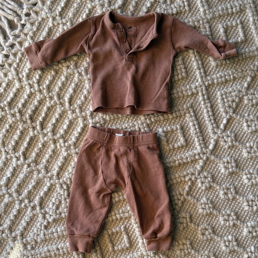 Monica & Andy Toddler Waffle Knit Henley Set - Rustic Brown